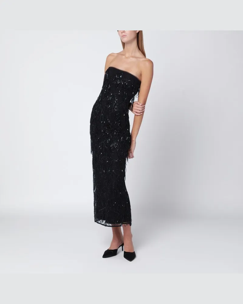 ROTATE Birger Christensen Schwarzes Midi-Kleid mit Perlenfransen Schwarz