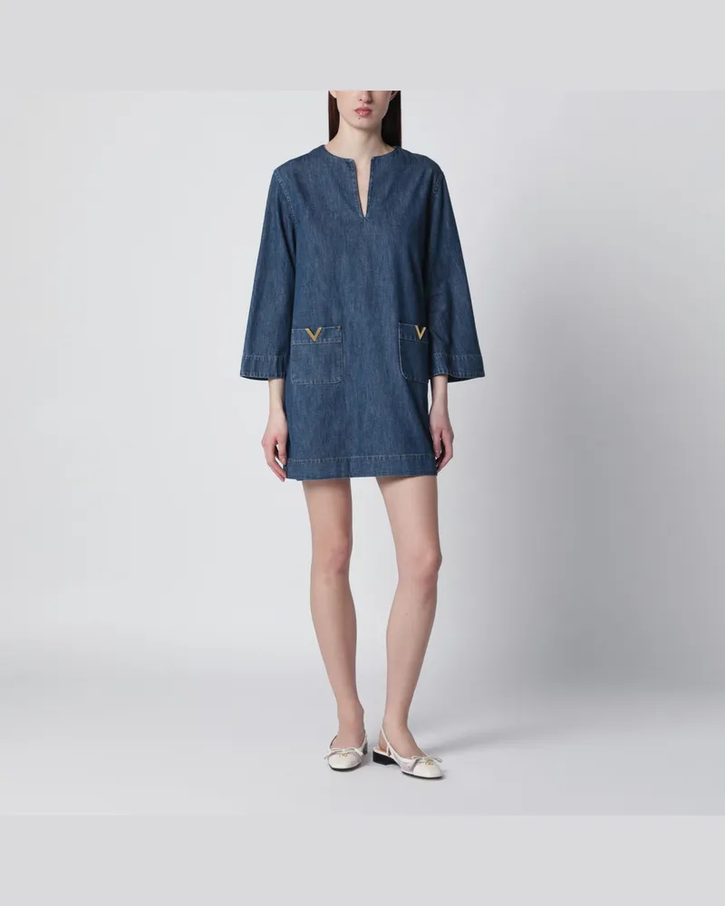 Valentino Garavani Denim-Minikleid mit V-Gold-Details Blue