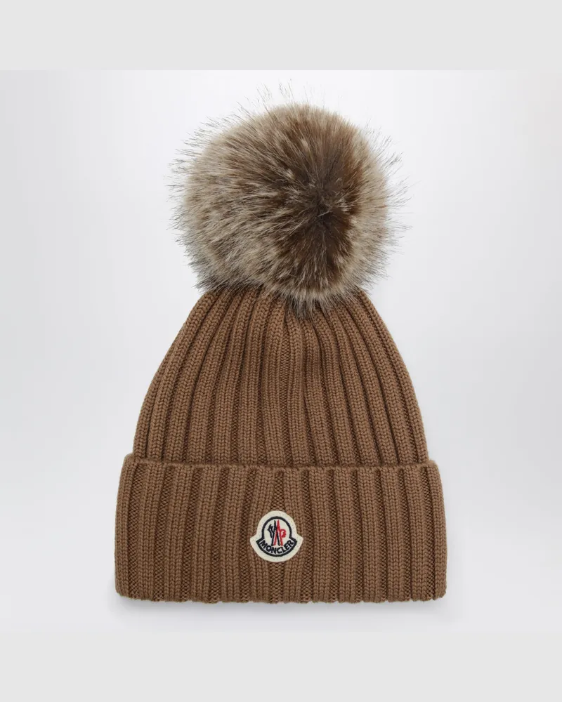 Moncler Beige Wollmütze mit Bommel Beige