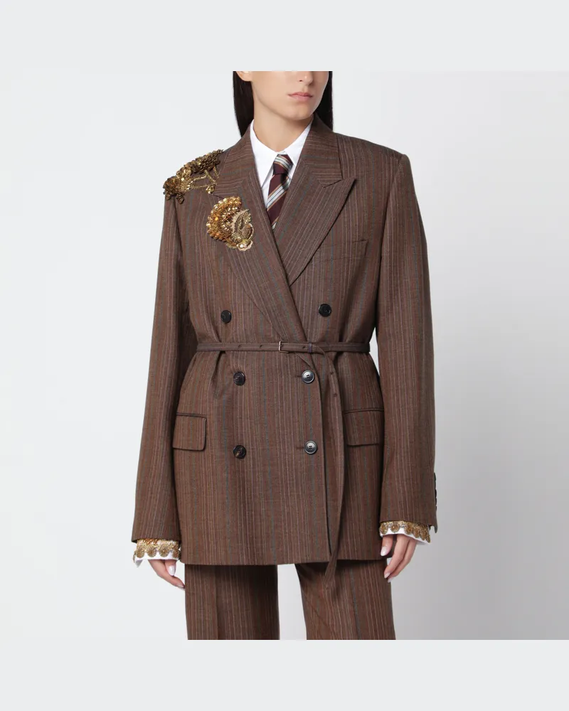 Dries van Noten Brown pinstripe jacket with sequin embroidery Brown