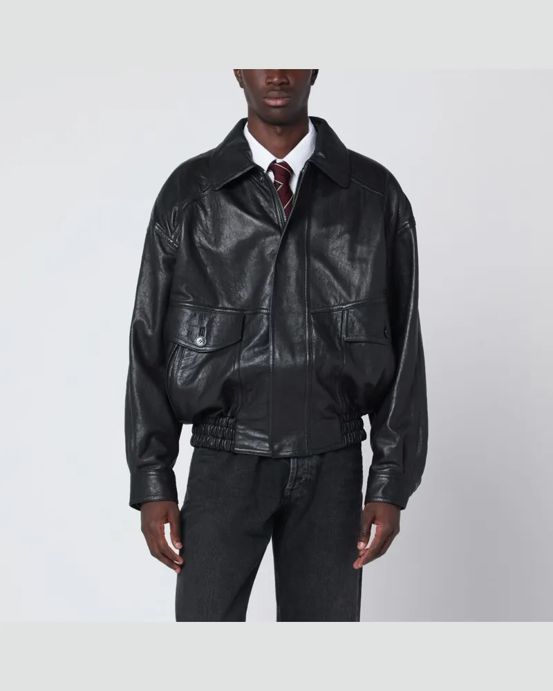Saint Laurent Schwarze Ballon-Bomberjacke aus Leder Schwarz