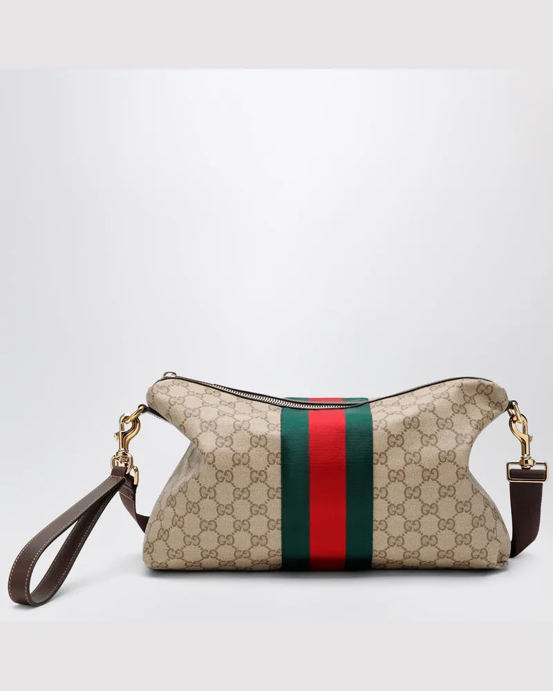 Gucci GG Umhängetasche in mittlerer Größe aus beschichtetem Gewebe mit Web-Streifen Beige