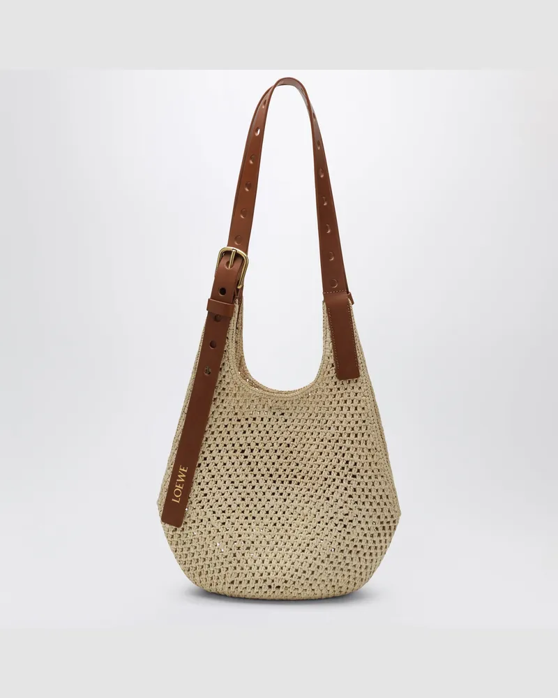 Loewe Kleine Punch Hole Hobo-Tasche aus Raffia und Leder Beige
