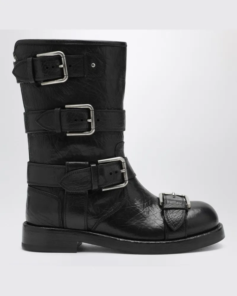 Dolce & Gabbana Schwarze Lederstiefel mit Riemen Schwarz