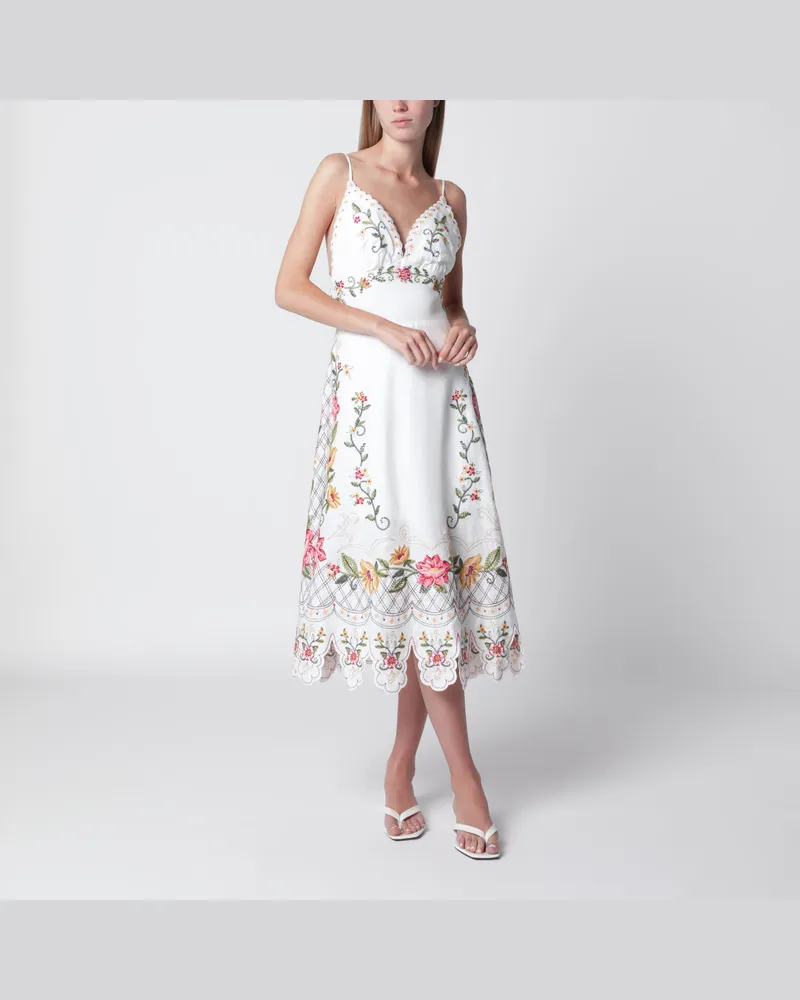 FARM Rio Elfenbeinfarbenes Midikleid mit Blumenstickereien White