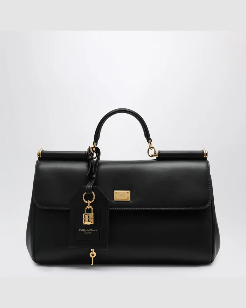 Dolce & Gabbana My Sicily mittelgroße schwarze Tasche aus Plongé-Leder Black