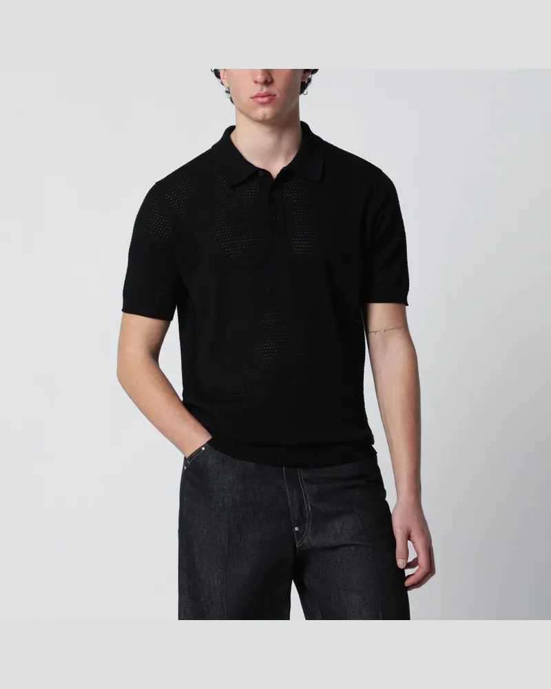 Roberto Collina Schwarzes Baumwollpolo mit Lochmuster Black
