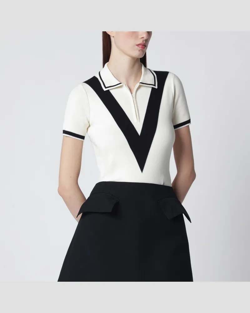 Valentino Garavani Polohemd mit V-Intarsie in Elfenbein und Schwarz 