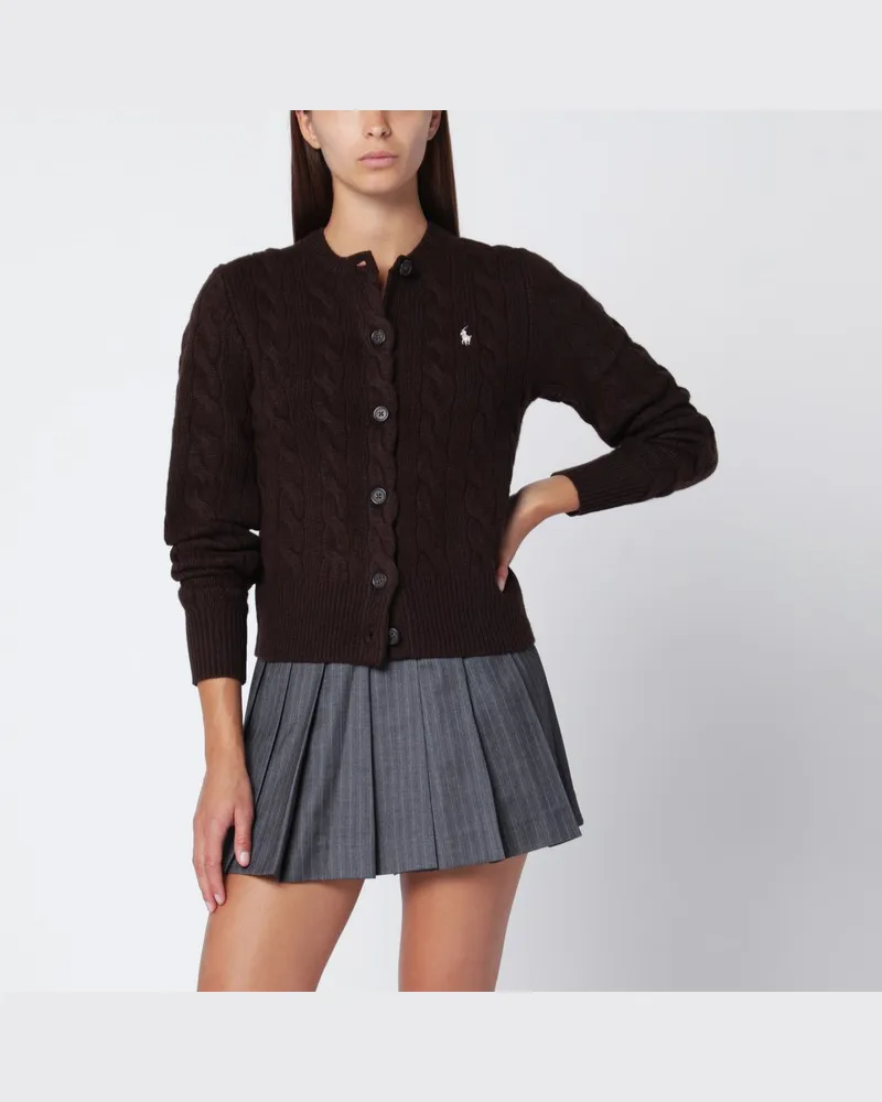Ralph Lauren Brauner Zopfstrick-Cardigan aus Wolle und Kaschmir Weiß