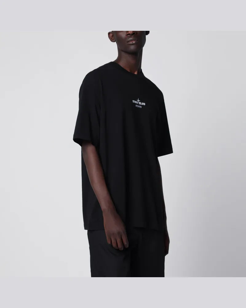 Stone Island Schwarzes Baumwoll-T-Shirt mit Logo-Prints Black