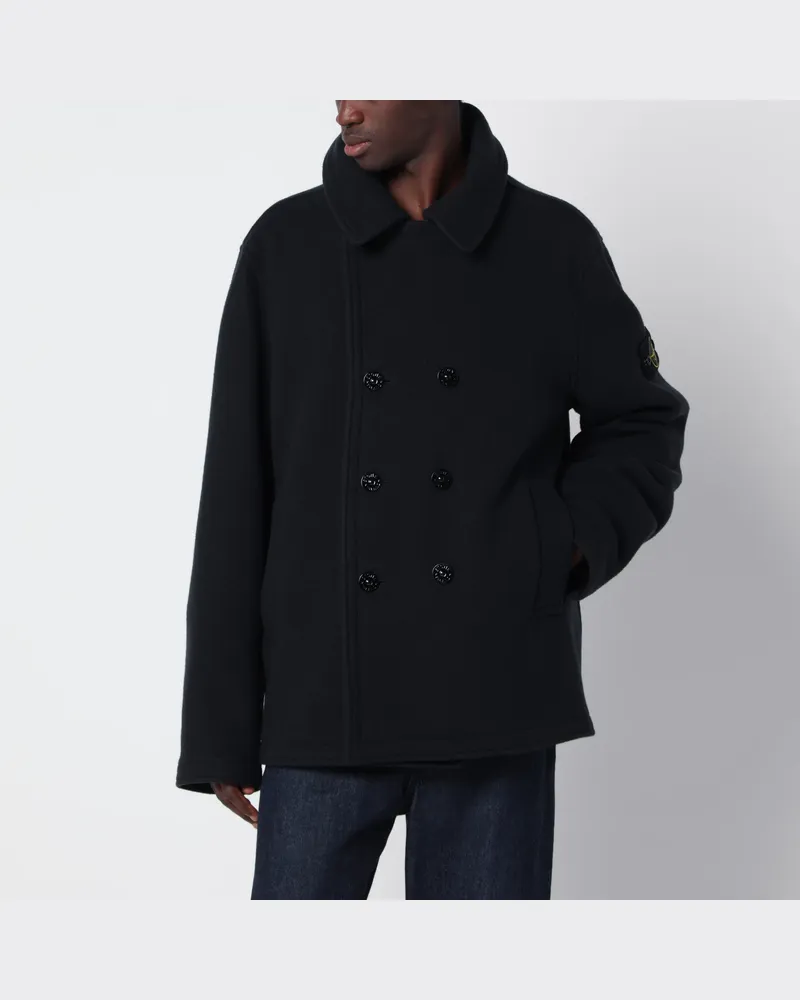 Stone Island Navyblauer zweireihiger Mantel aus Wolle und Kaschmir Blue