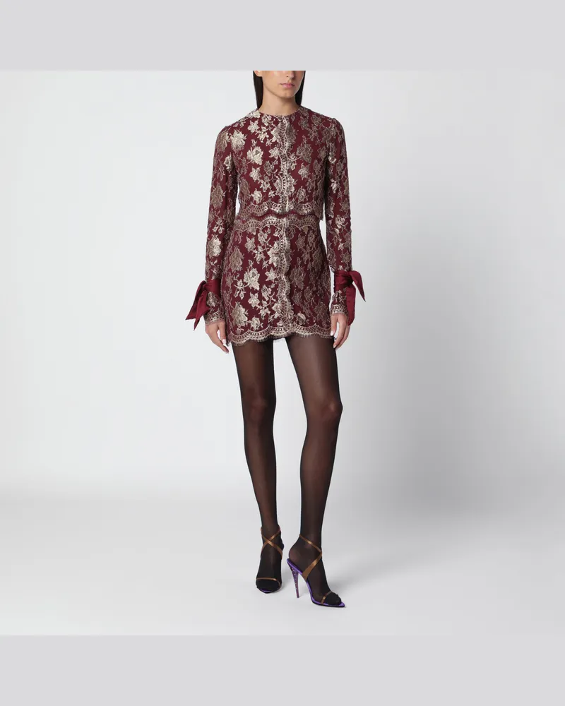 Saint Laurent Pepin Minikleid aus metallischer Spitze Burgundy
