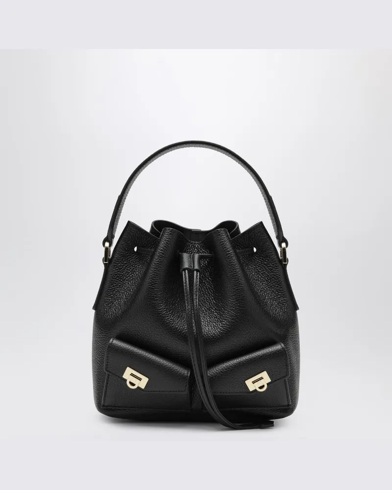 Ferragamo Schwarze Bucket-Bag mit mehreren Taschen aus genarbtem Leder Schwarz