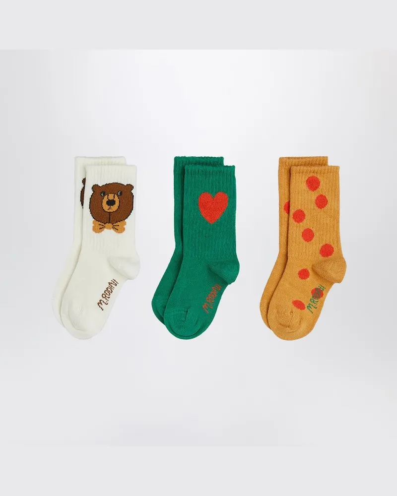 Mini Rodini Drei Paar Socken mit Bären-, Herz- und Punktmuster Mehrfarbig