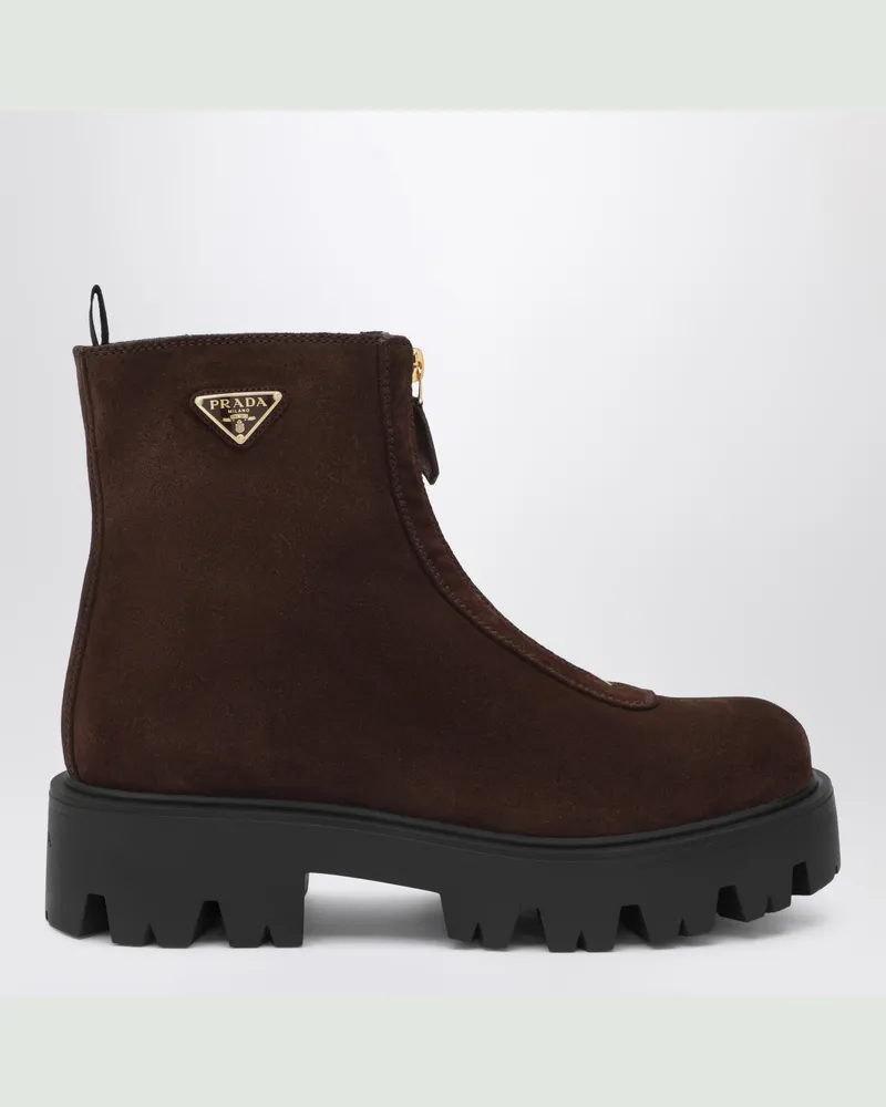 Prada Ankle Boots aus Veloursleder in Moro mit Reißverschluss Brown