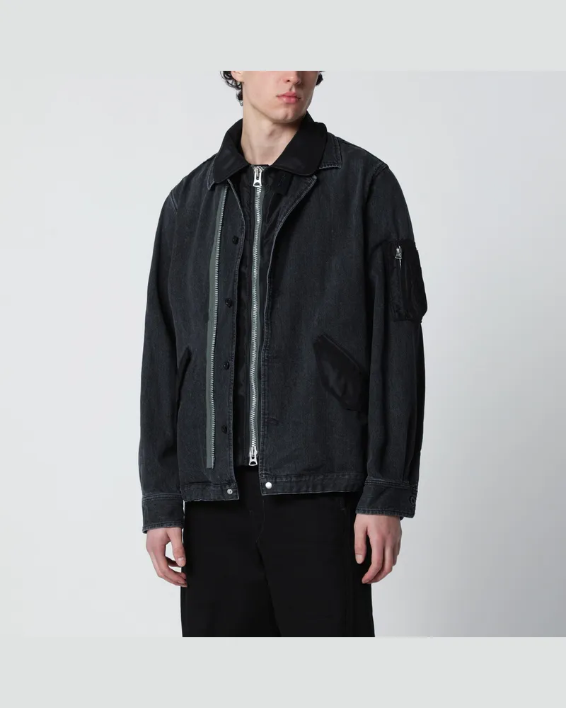 Sacai Schwarze Denimjacke mit Nyloneinsätzen Black