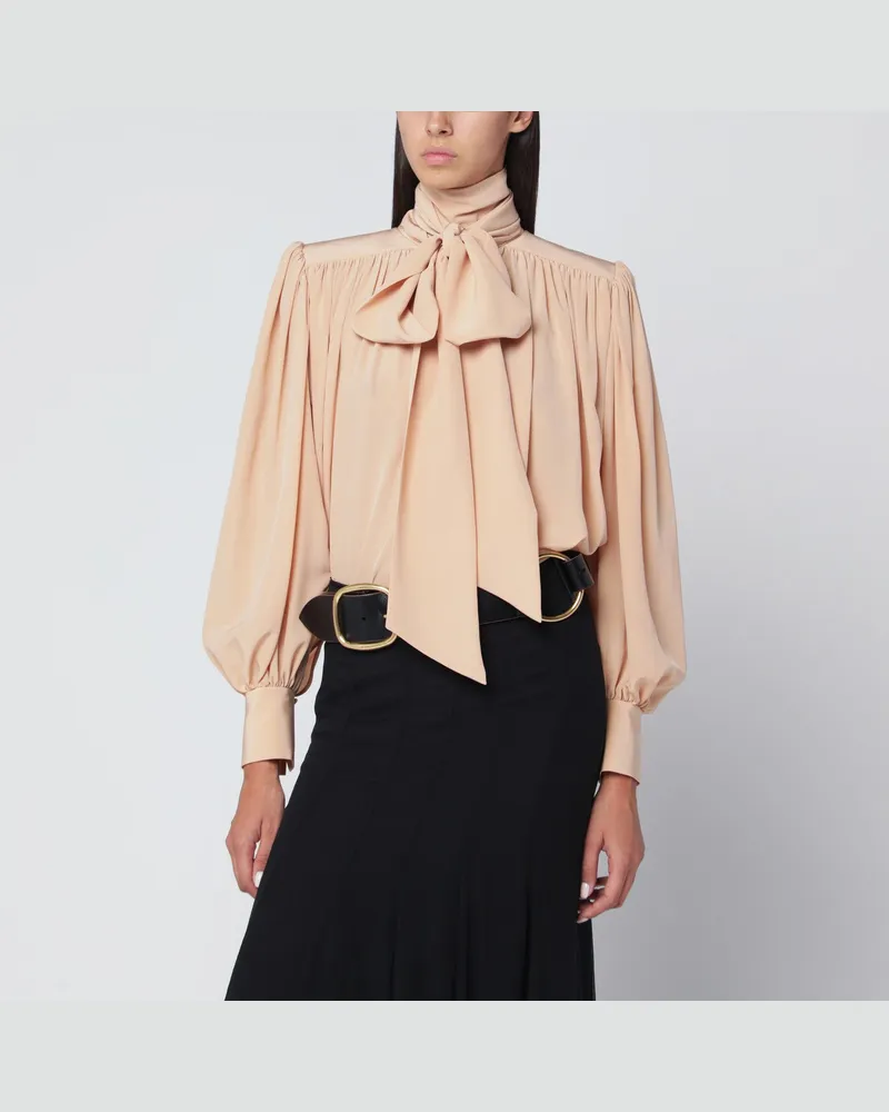 Chloé Geraffte sandfarbene Bluse mit Lavallière-Schleife 