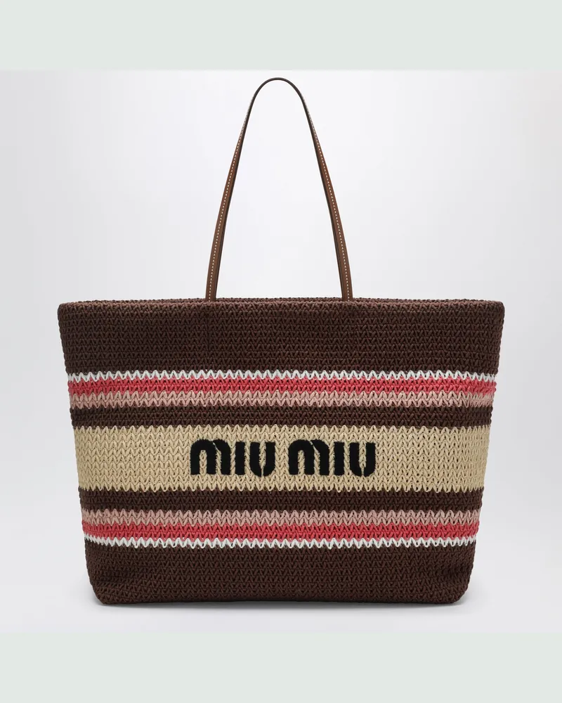 Miu Miu Große Shoppingtasche aus Bastoptik-Garn Tabak/Erdbeere/Natur Brown
