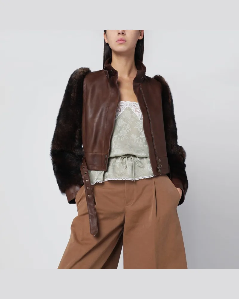 Chloé Braune kurze Leder- und Shearling-Jacke Braun