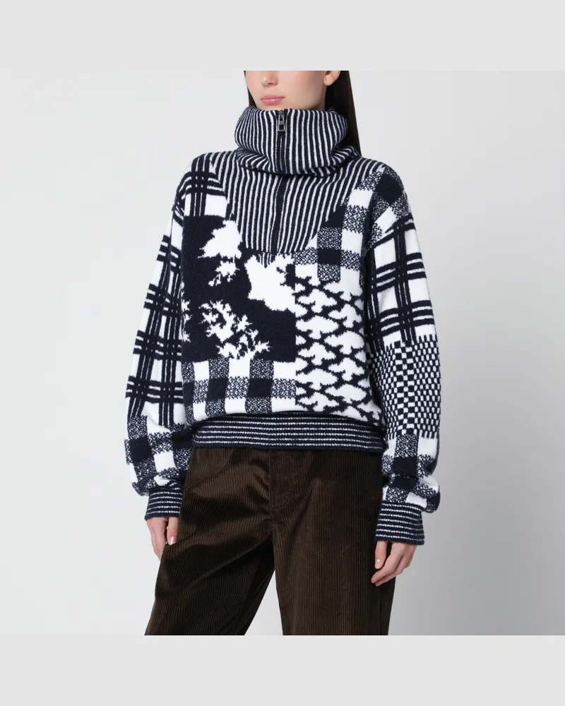 Loewe Marineblauer und weißer Wollpullover mit Reißverschluss Multicolor