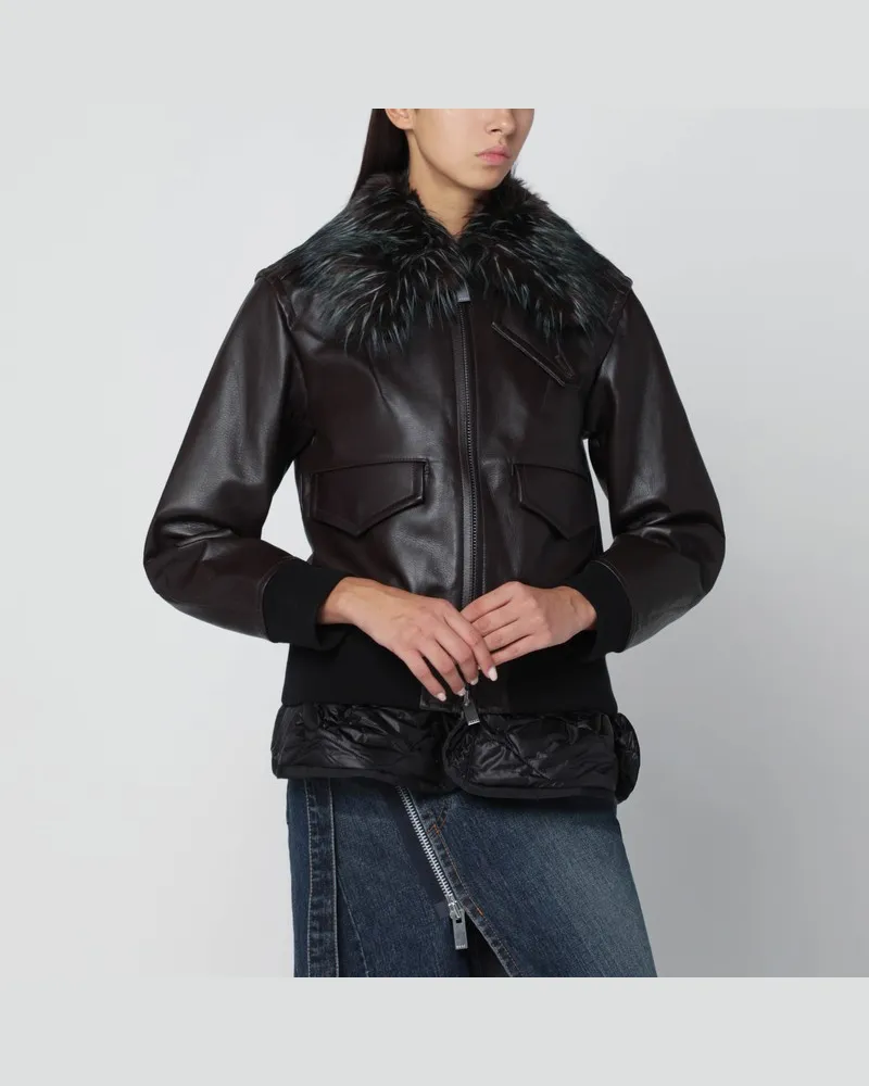 Sacai Braune bimaterial Bomberjacke mit Reißverschluss Braun