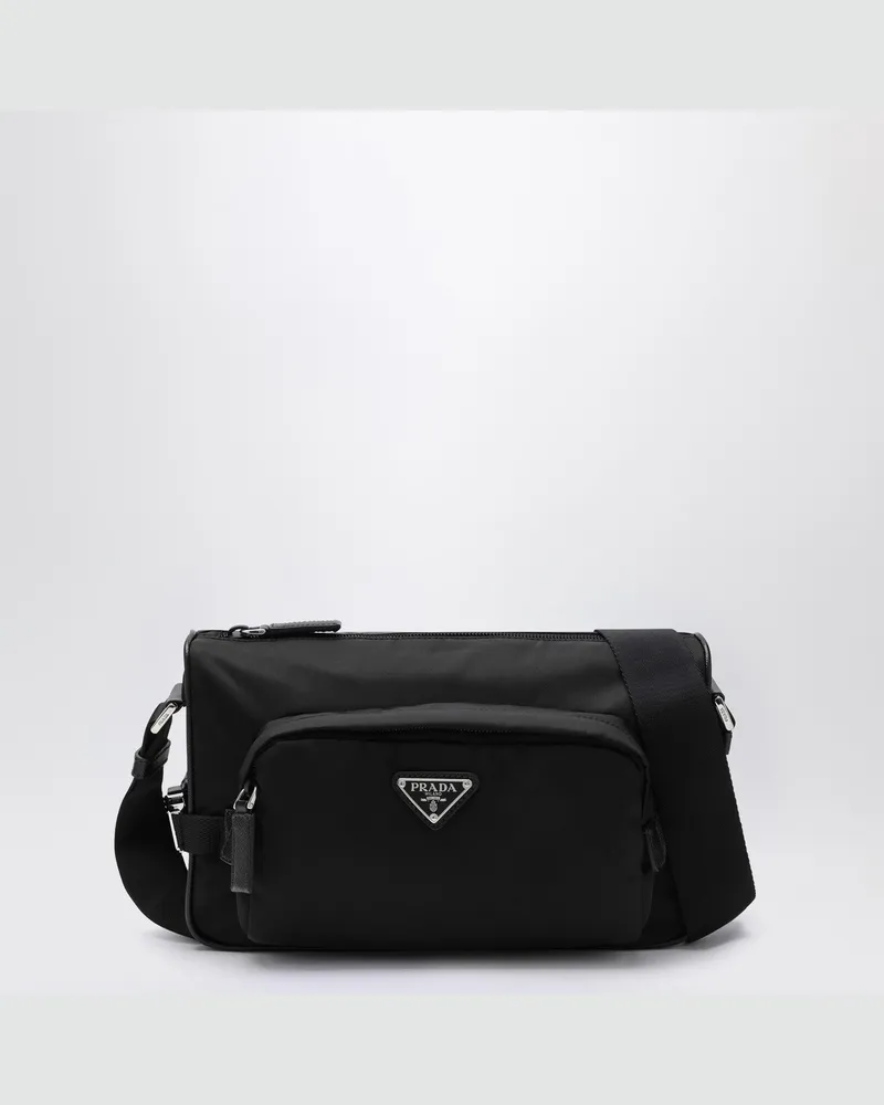 Prada Mittlere schwarze Umhängetasche aus Re-Nylon und Saffiano 