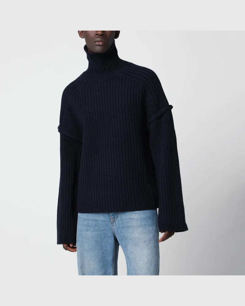 Séfr Dunkelnavyblauer Rollkragenpullover aus Rippstrickwolle Blue