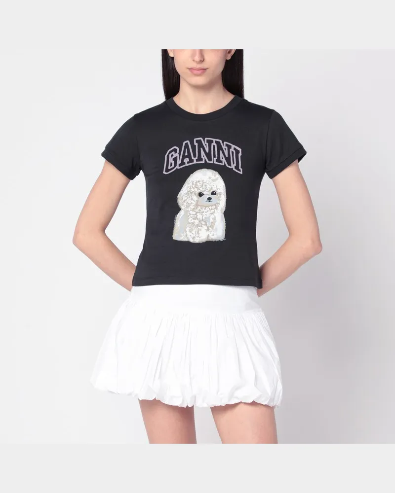Ganni Ausgewaschenes schwarzes T-Shirt mit Pudelprint Grau