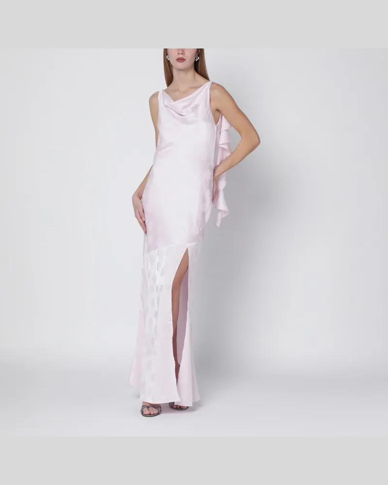 ROTATE Birger Christensen Langes rosa Satin-Jacquard-Kleid mit Rüschen Rosa