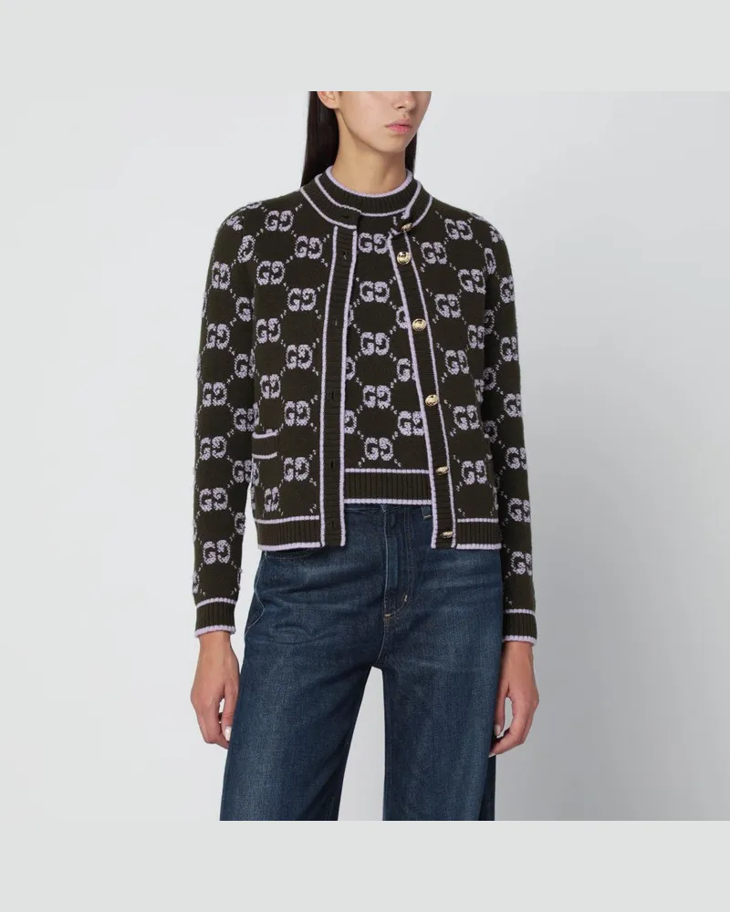 Gucci Cardigan in Militärgrün/Lila mit GG-Jacquard-Bouclé Grün