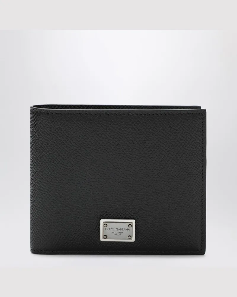 Dolce & Gabbana Portemonnaie aus schwarzem Dauphine-Leder mit Logo-Plakette Schwarz