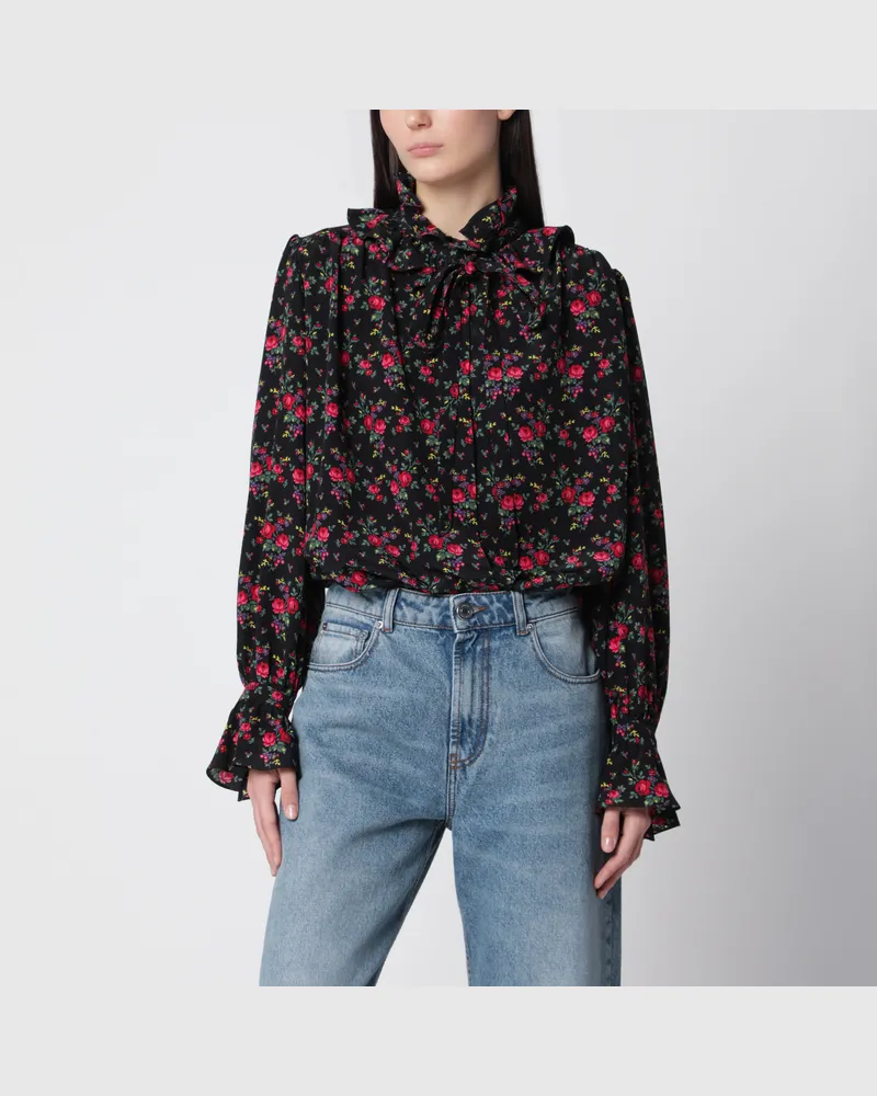 Chloé Schwarze Bluse mit Volants aus Seide mit Blumenprint Multicolor