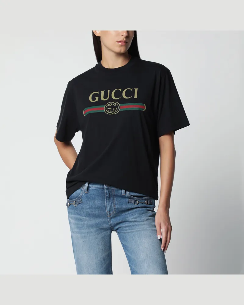 Gucci T-Shirt aus Baumwoll- und Seidenjersey mit Logoprint Black