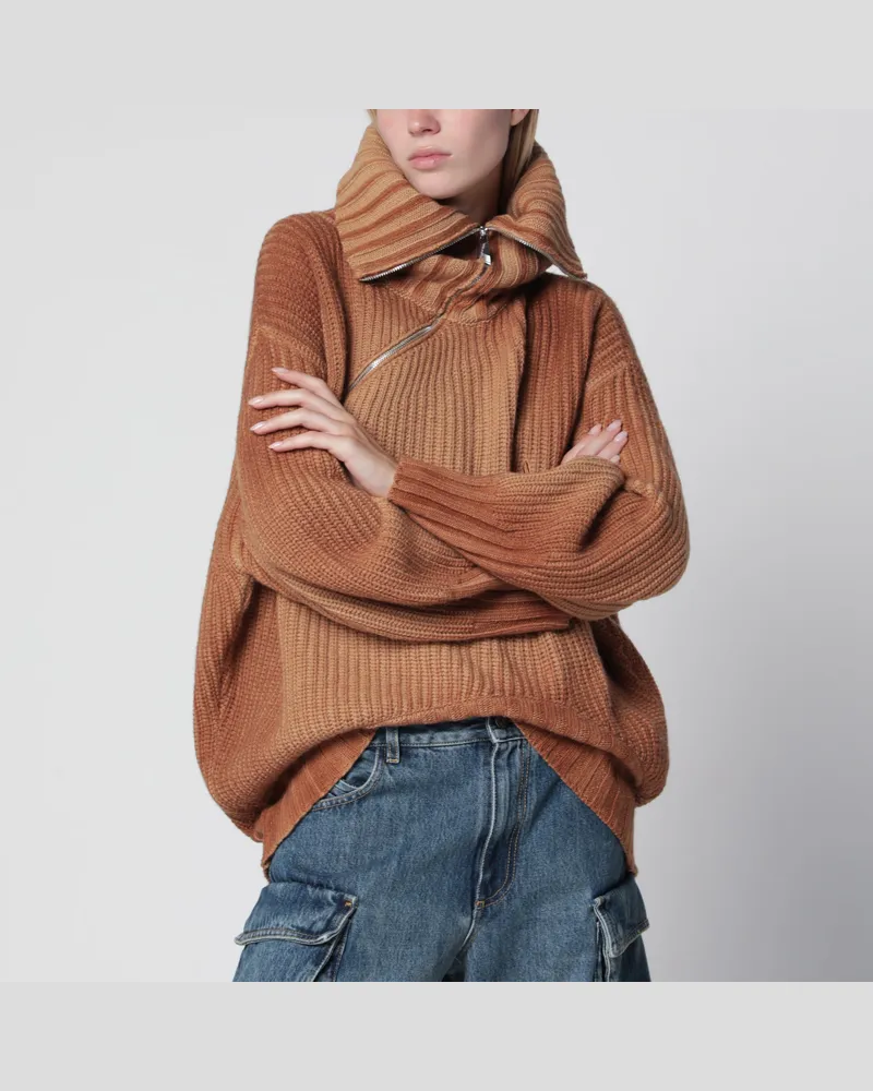 ATTICO Pullover aus Wolle und Kaschmir in Camel mit asymmetrischem Reißverschluss Beige