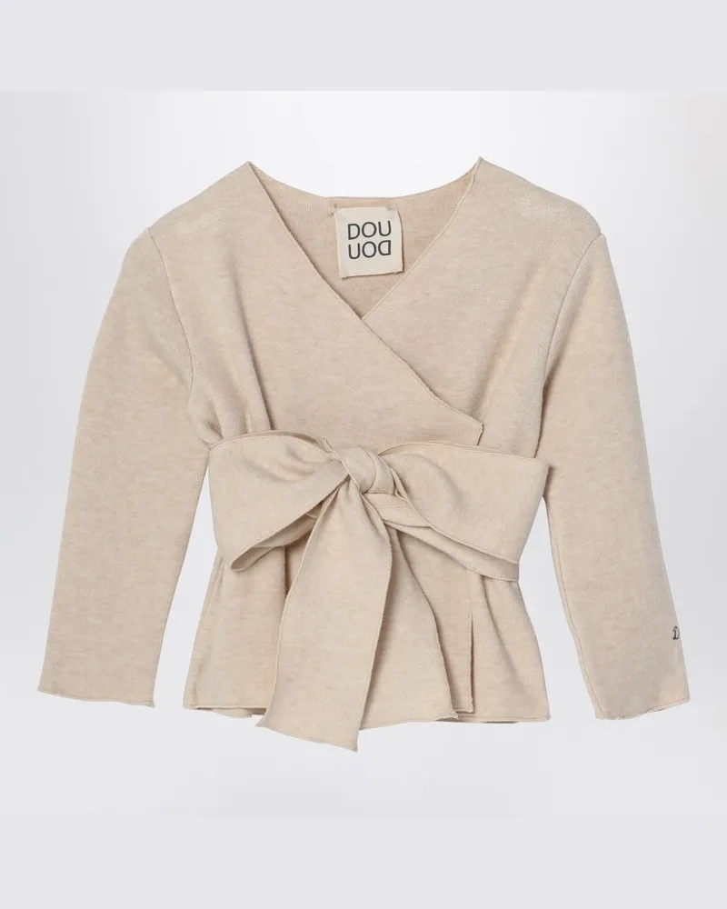 DOUUOD Beigefarbene überkreuzte Strickjacke mit Schleife Beige
