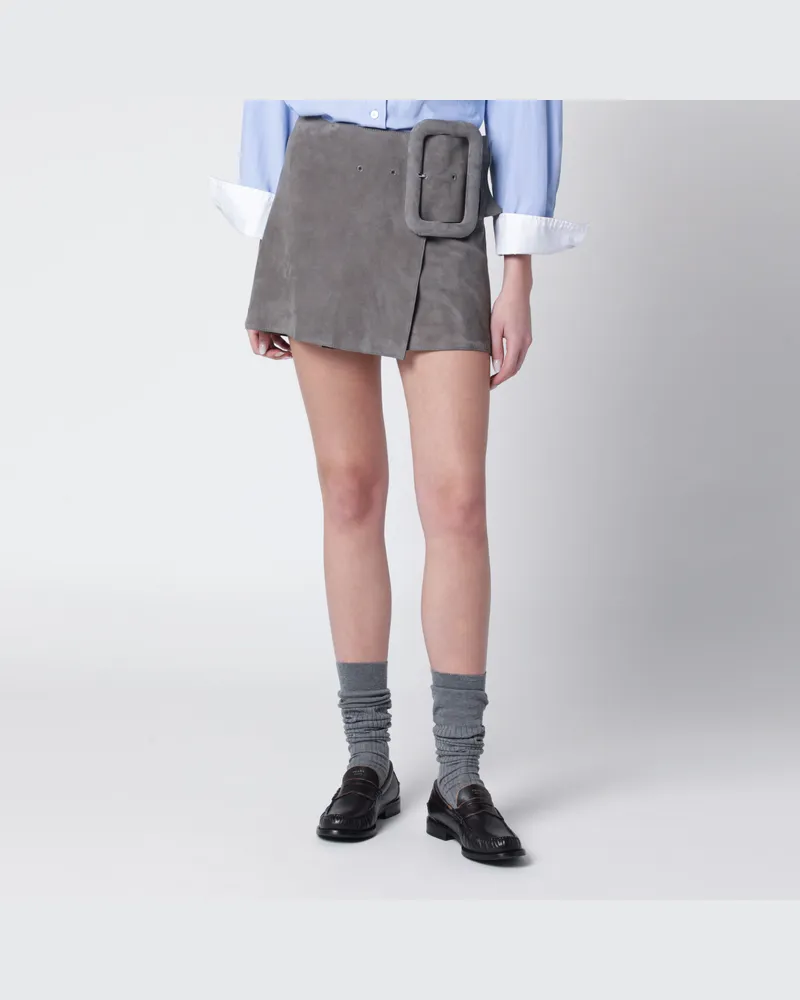 AMI Paris Grauer Minirock aus Suede mit Gürtel mit großer Schnalle Grey