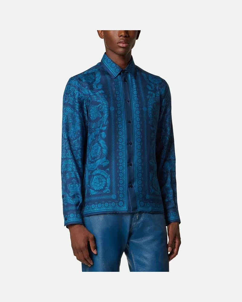 Versace Slim-Fit-Hemd aus bedrucktem Seidentwill in Blau Blau