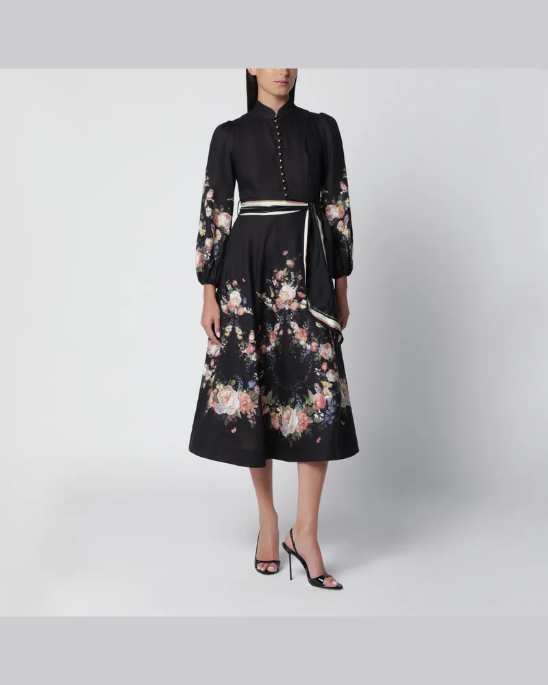Zimmermann Valiant Midikleid aus Leinen mit Print in Black Bouquet Black