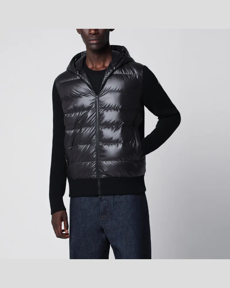 Moncler Schwarze wattierte Woll-Kapuzenjacke mit Reißverschluss Black