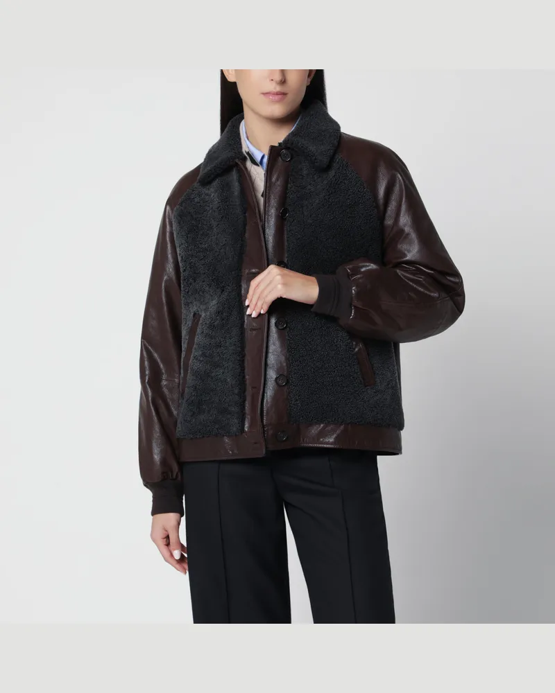 Miu Miu Braune Blousonjacke aus Leder mit grauem Shearling Brown