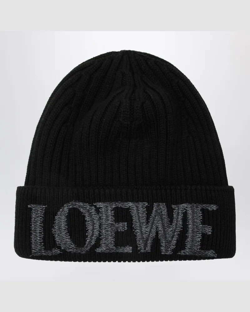 Loewe Schwarze Wollmütze mit gesticktem Logo Black