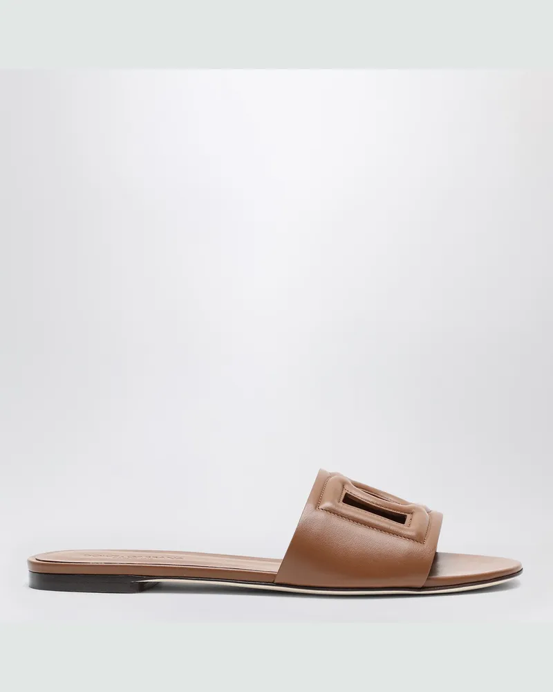 Dolce & Gabbana Braune Lederslides mit DG-Logo Beige