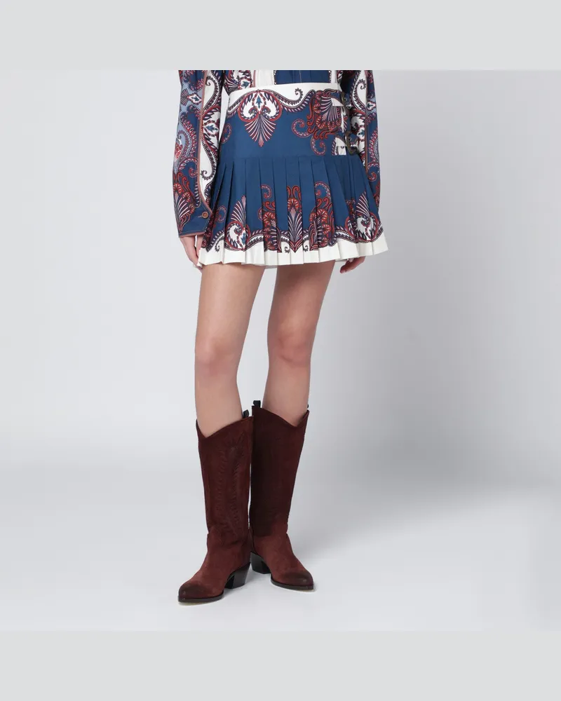 FARM Rio Tiefblauer und sandfarbener plissierter Minirock mit Arabeskenmuster Multicolor