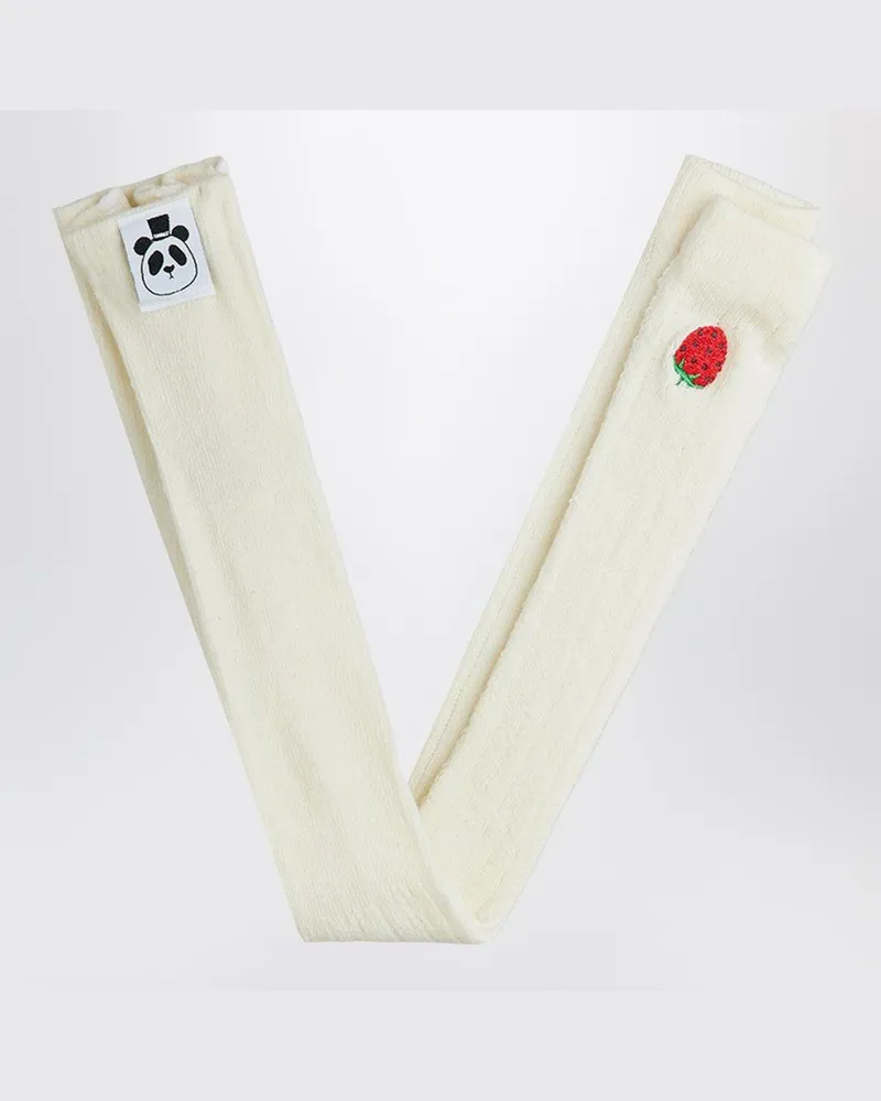 Mini Rodini Weiße Lochstrumpfhose mit gestickten Erdbeeren Weiß