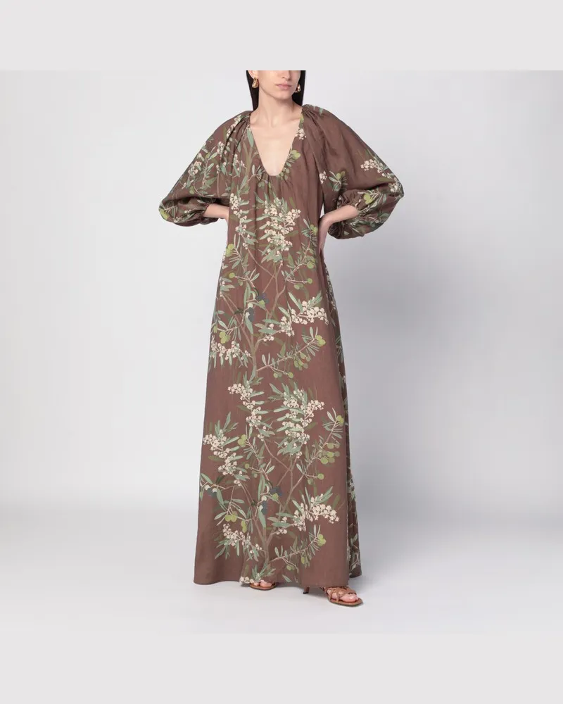 BERNADETTE Georgio-Maxikleid mit Blumenmuster auf Leinen Braun