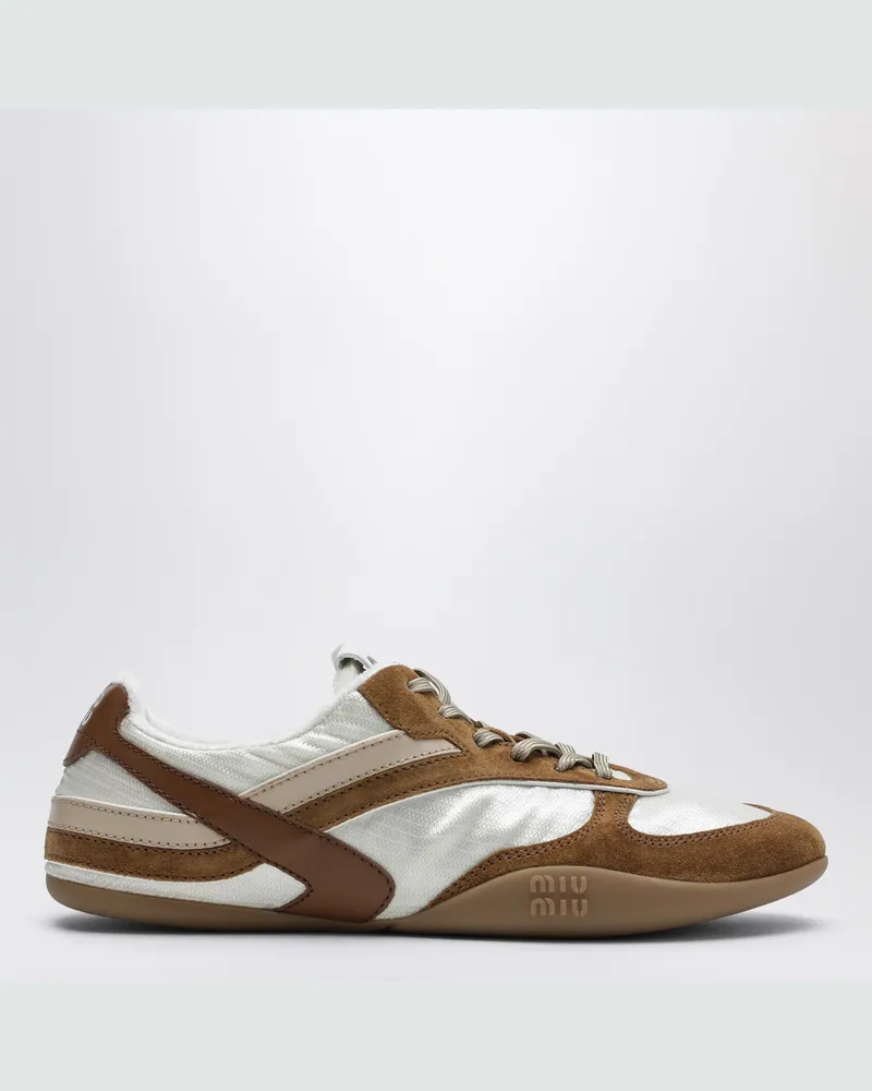 Miu Miu Gymnasium Sneaker Talc/Zimt aus technischem Gewebe und Veloursleder White