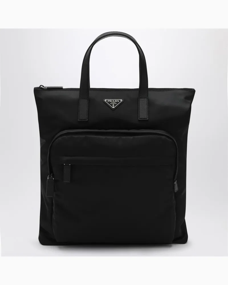 Prada Schwarze Shopping-Tasche aus Re-Nylon und Saffiano Schwarz