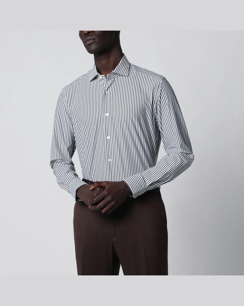 XACUS Weißes Active Gestreiftes Tailor Fit Hemd Brown