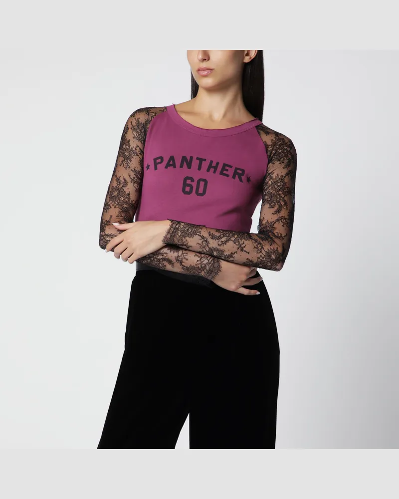 Valentino Garavani Cyclamenfarbenes Panther 60 T-Shirt mit schwarzen Spitzeneinsätzen an den Ärmeln Pink