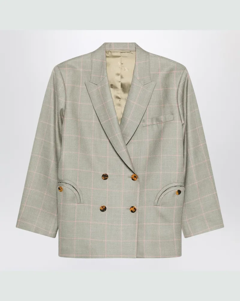 Blazé Milano Zweireihiger beiger Blazer mit rosa Karomuster 